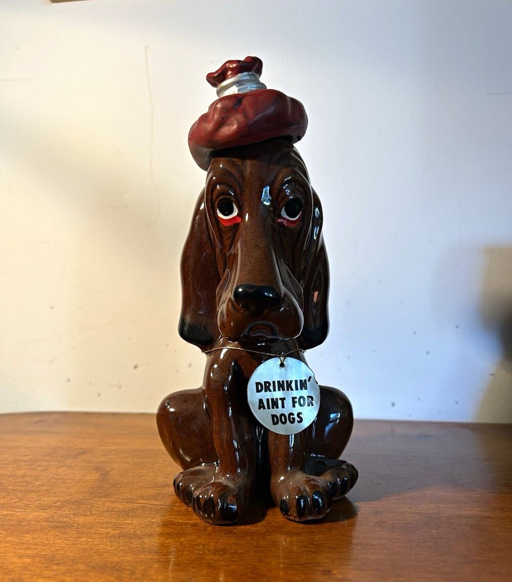 Enesco Ceramic Dog Decanter Brown/Red "Drinkin' Ain't for Dogs" H 8.5” W 4”